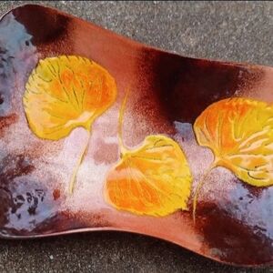 Vintage 1970s Artisan Made Handpainted Ginko Leaf Metal Dish Brown/Salmon/Yellow